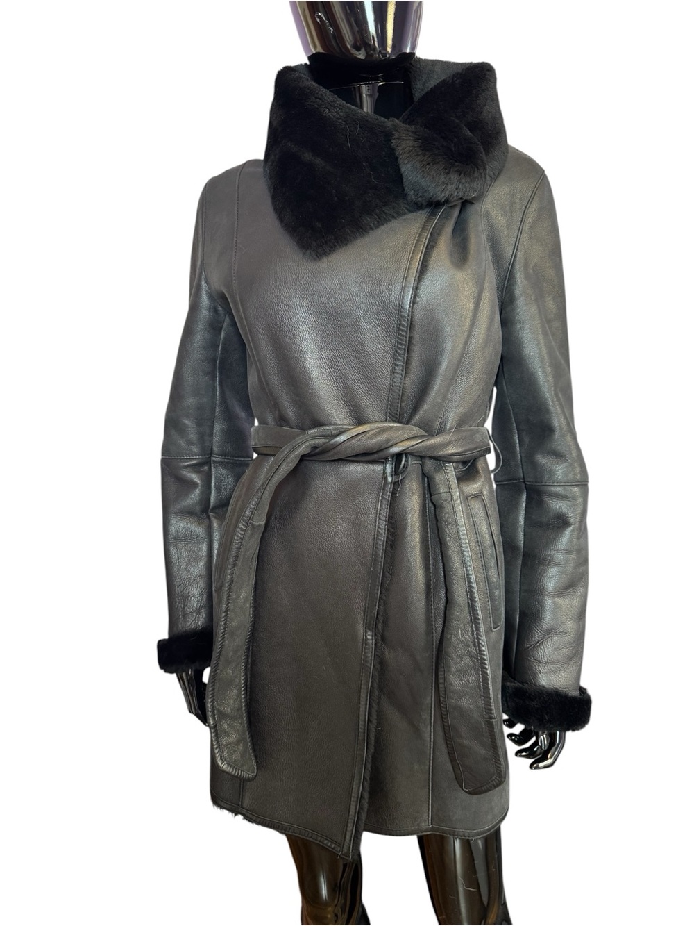 Women's Black Shearling sheepskin  Leather Coat with Belt